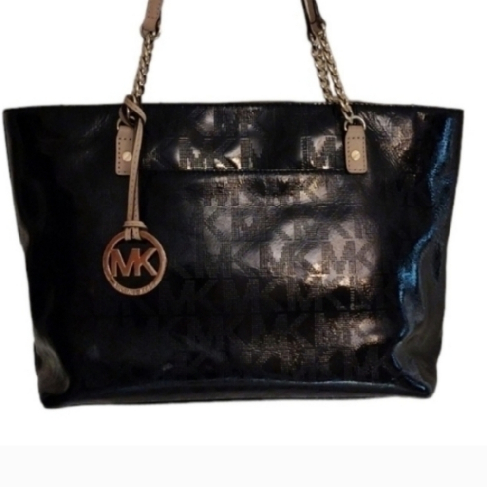Michael Kors Monogram Patent Leather Black Tote Bag